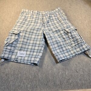 Urban Pipeline Mens Plaid Cargo Shorts Blue White Cotton Size 33 S0211
